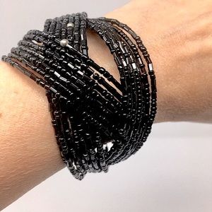 Sparkling Black Seed Bead Braided Expandable Bracelet Cuff